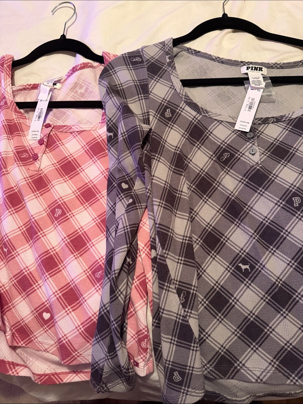 PINK Victoria's Secret Plaid Long Sleeve Tee Duo - Pink & Gray